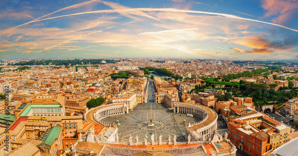Vatican aerial panorama and statues on the top of St Peter's Basilica, Italy
