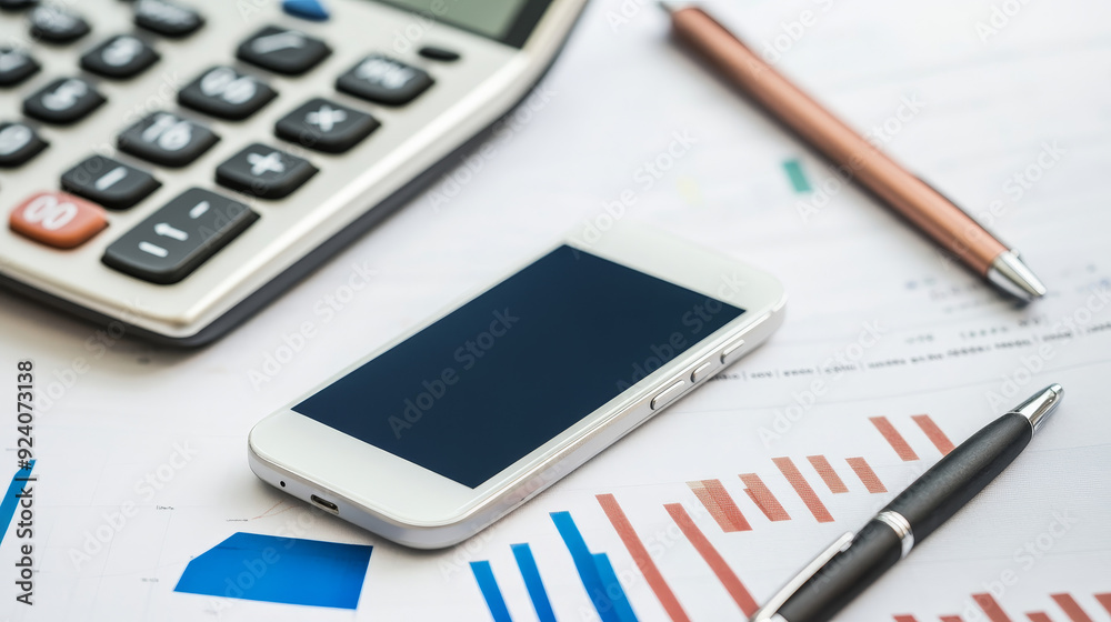 the typical business attributes: a cell phone, a pen, and a calculator on a financial chart the typical business attributes: a cell phone, a pen, and a calculator on a financial chart