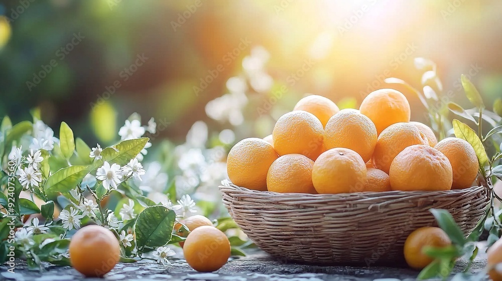 A table sits beside a basket of orange fruits, its surface filled with various green leaves A table sits beside a basket of orange fruits, its surface filled with various green leaves