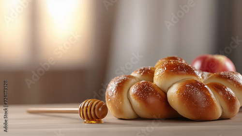  Bun and apple with honey on a table Rosh Hashanah celebration concept photo