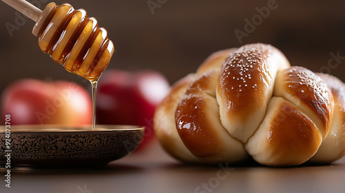 Rosh Hashanah celebration concept  honey drizzle on the traditional Shabbat challah with bun and apples on the background photo