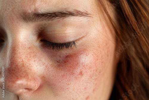 Red Bruise on Cheek in Close-Up photo