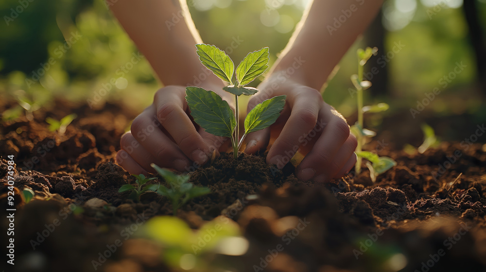 Fototapeta premium Hands planting seedling in soil during sunset, signifying growth and sustainability in nature