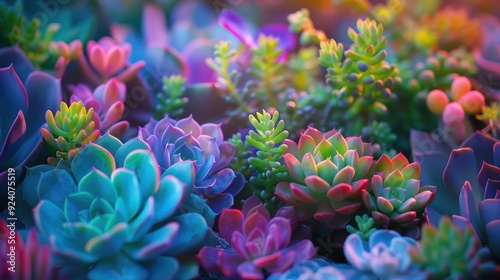 Vibrant and colorful succulent garden with rainbow hues in soft lighting