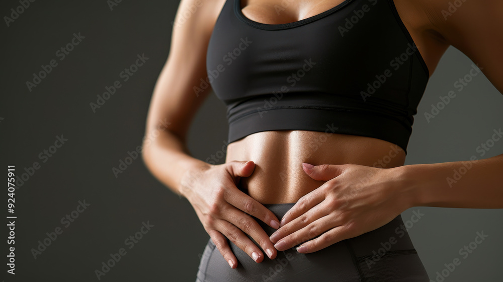 Fototapeta premium Close-up of a fit woman gently touching her abdomen, showcasing a healthy lifestyle and wellness through fitness.