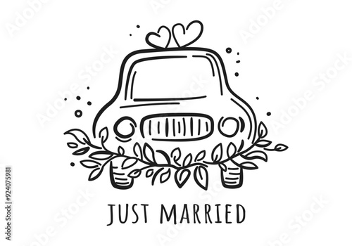 Wedding car with flowers in sketch style. Hand Drawn Marriage Icon. Just married. Cute doodle vector illustration isolated on white for invitations, greeting cards, posters, timeline