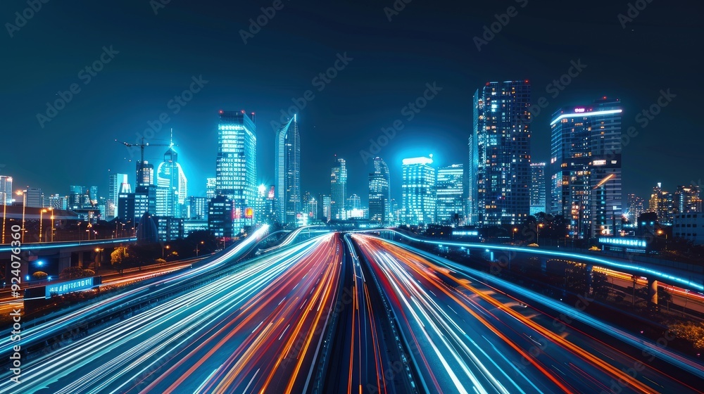 Fototapeta premium Highway with vehicle light trails leading to modern illuminated night modern cityscape. Forward to smart city concept . Mixed media AI generated