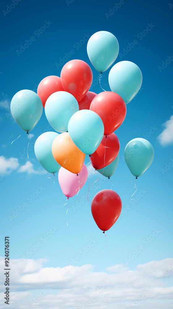 A bunch of colorful balloons are floating in the sky. The balloons are of different colors, including blue, red, and orange. Concept of joy and celebration A bunch of colorful balloons are floating in the sky. The balloons are of different colors, including blue, red, and orange. Concept of joy and celebration