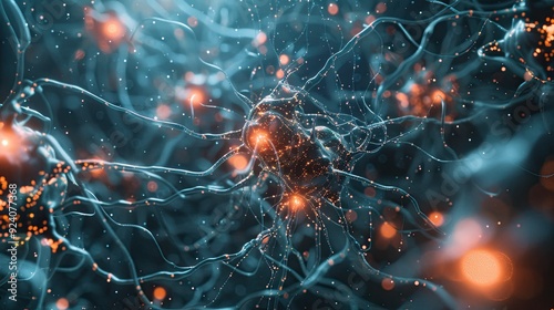 Neurons, highly detailed brain cells, neural network conceptual illustration AI generated