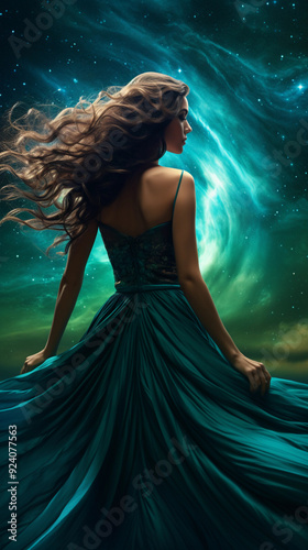 A woman in a long green dress is standing in front of a green and blue sky