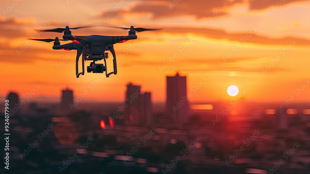 Silhouette of a drone flying over the city at sunset AI generated
