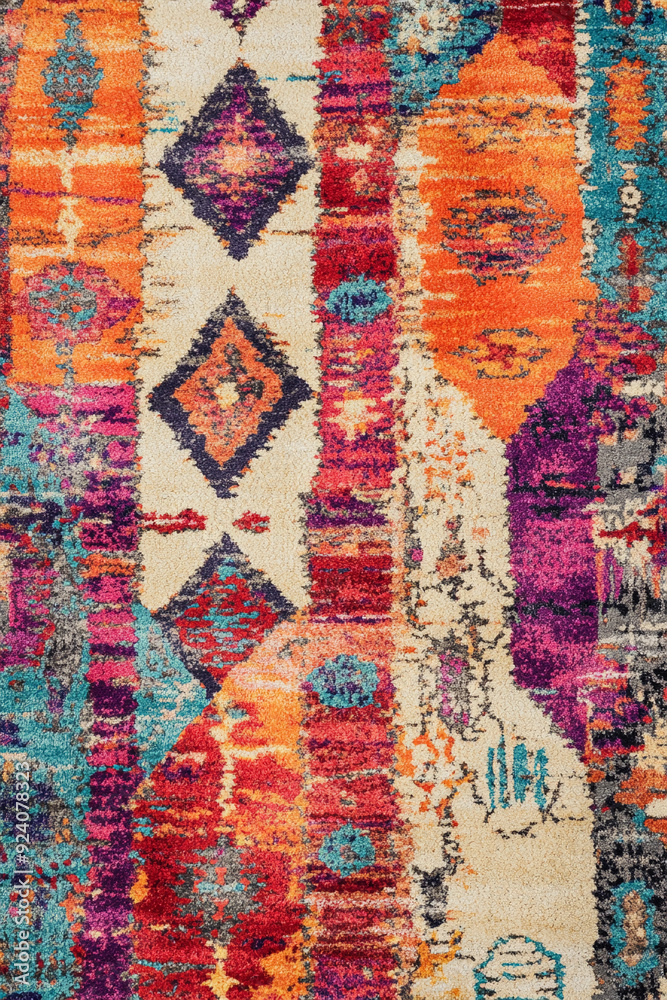 vibrant bohemian carpet with an eclectic mix of tribal patterns and vivid colors, including reds, oranges, and purples. The design features overlapping geometric shapes and whimsical motifs, creating 