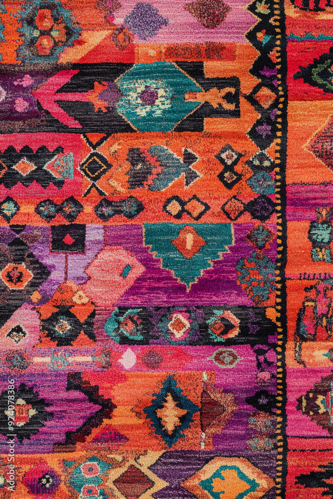 vibrant bohemian carpet with an eclectic mix of tribal patterns and vivid colors, including reds, oranges, and purples. The design features overlapping geometric shapes and whimsical motifs, creating vibrant bohemian carpet with an eclectic mix of tribal patterns and vivid colors, including reds, oranges, and purples. The design features overlapping geometric shapes and whimsical motifs, creating