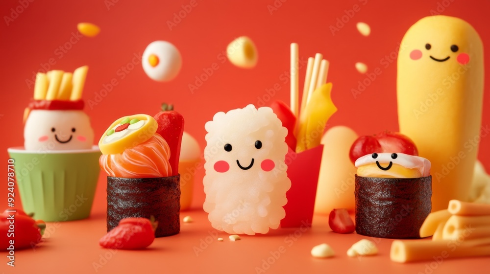 Kawaii Food Characters, adorable and whimsical doodles of food items, vibrant and playful designs on a solid color backdrop, perfect for children's illustrations and fun decor. Kawaii Food Characters, adorable and whimsical doodles of food items, vibrant and playful designs on a solid color backdrop, perfect for children's illustrations and fun decor.