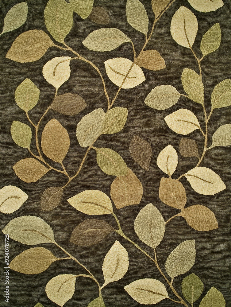 nature-themed carpet pattern featuring delicate leaf and vine motifs in soothing shades of green, brown, and beige. The design has a subtle, organic texture that mimics natural elements like tree bark nature-themed carpet pattern featuring delicate leaf and vine motifs in soothing shades of green, brown, and beige. The design has a subtle, organic texture that mimics natural elements like tree bark