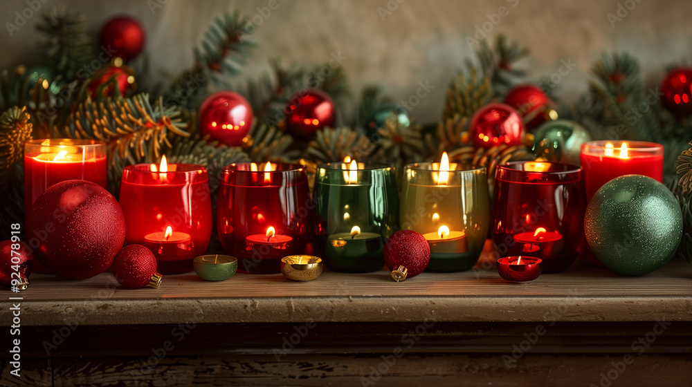 Festive Christmas mantelpiece with candles and ornaments, elegant holiday decoration scene Festive Christmas mantelpiece with candles and ornaments, elegant holiday decoration scene