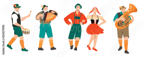 Set of people celebrating the Oktoberfest.Musicians with an accordion, tuba, drum and a dancing couple.Funny characters in Bavarian costumes.Vector designs in flat color isolated on white background.