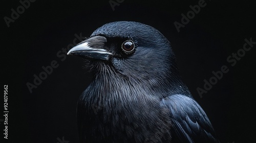  A black bird on a black background with a white spot in its eye