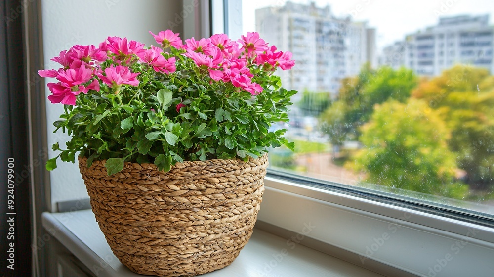   A potted plant sits on a windowsill, framing the view of a bustling city outside