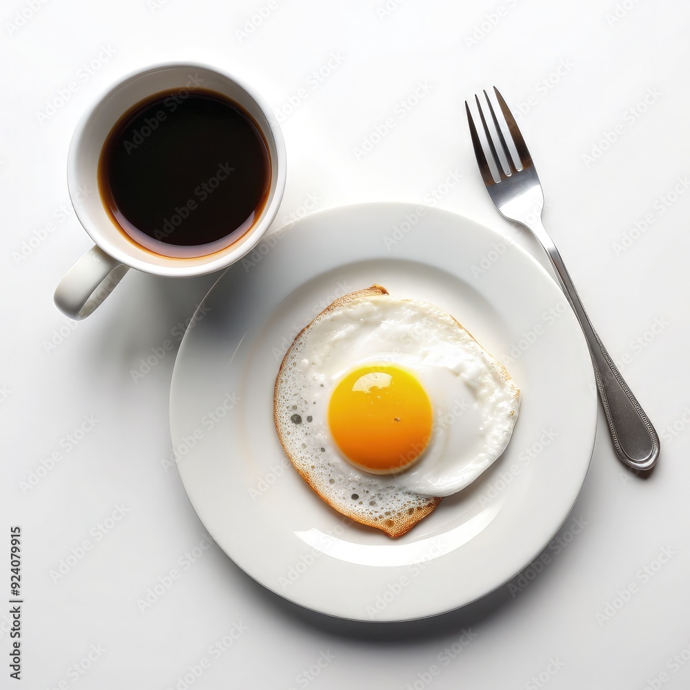 Breakfast with fried egg on toast and coffee on a white background. Generative AI Breakfast with fried egg on toast and coffee on a white background. Generative AI