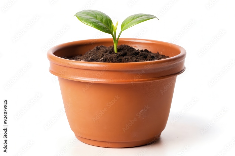 New plant growing in terracotta pot against white background. Generative AI New plant growing in terracotta pot against white background. Generative AI