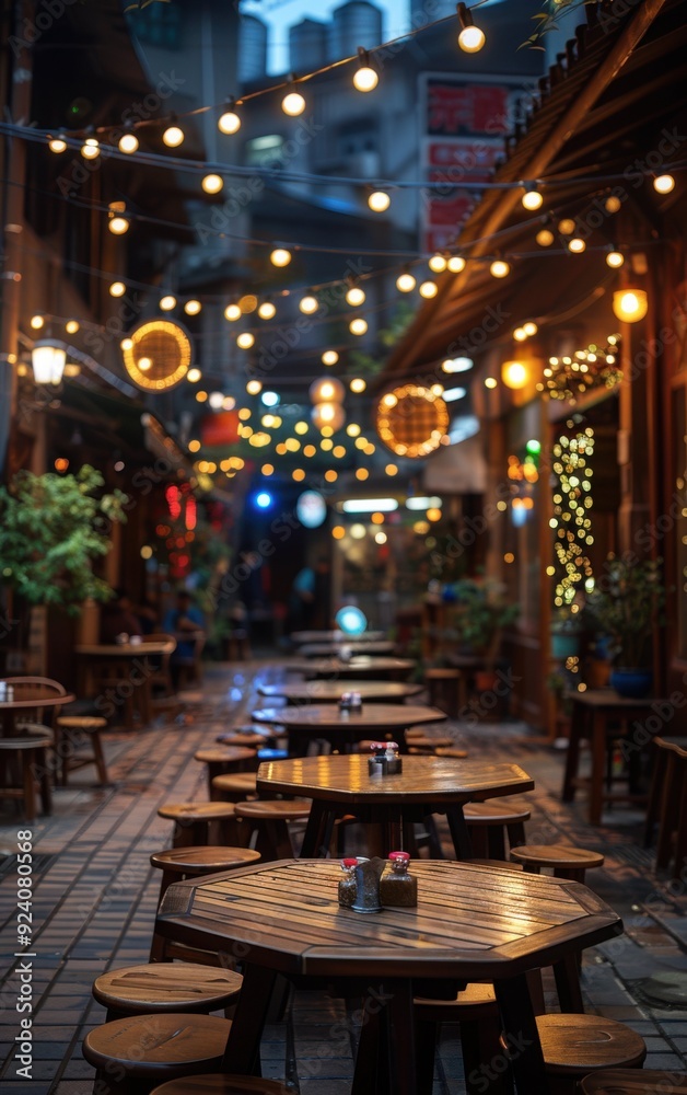 A restaurant with tables and chairs and lights hanging from the ceiling. Scene is cozy and inviting A restaurant with tables and chairs and lights hanging from the ceiling. Scene is cozy and inviting