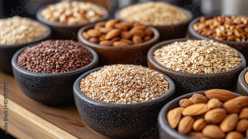A variety of grains and nuts, including quinoa, ancient grain millet, brown rice, flax seeds, hazelnuts, and almonds, are arranged in small bowls on the table