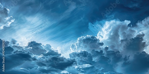 Dramatic cloud formation against a deep blue sky showcasing layers of dark and light clouds for a striking contrast The image reveals the beauty and power of nature inspiring a sense of awe