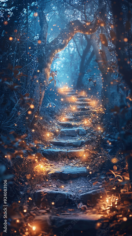 A forest path with glowing lights on the steps A forest path with glowing lights on the steps