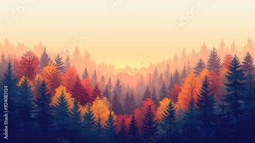   A painting depicts a dense forest in the foreground against a bright yellow background sky