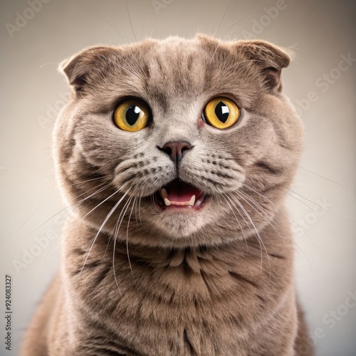 Scottish cat with a joyful expression on a neutral background. Generative AI