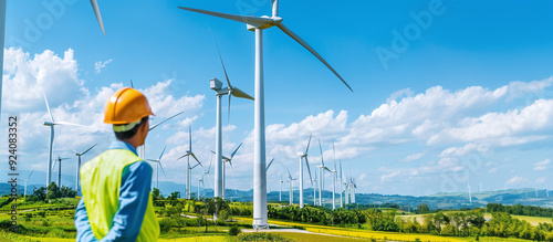 eolic industry banner, technician inspecting wind turbines in a rural landscape