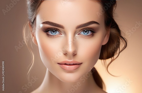 A close-up of a glamorous woman with flawless skin, captivating blue eyes, and perfectly applied makeup.