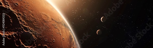 Mars with a detailed surface view, accompanied by its two moons Phobos and Deimos in the background, illuminated by sunlight in deep space. Wide web banner.