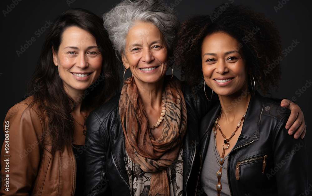 Three women are smiling for the camera, wearing leather jackets and scarves. Scene is cheerful and friendly Three women are smiling for the camera, wearing leather jackets and scarves. Scene is cheerful and friendly