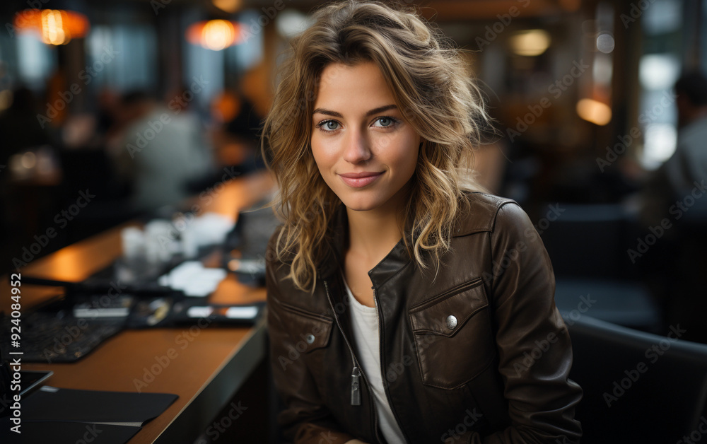 A woman with long hair is sitting at a table in a restaurant. She is wearing a brown leather jacket and a white shirt A woman with long hair is sitting at a table in a restaurant. She is wearing a brown leather jacket and a white shirt