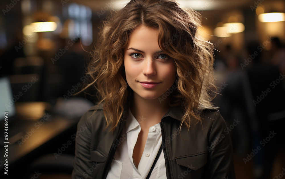 A woman with long brown hair and a black jacket and white shirt is smiling. She is standing in front of a desk with a laptop on it A woman with long brown hair and a black jacket and white shirt is smiling. She is standing in front of a desk with a laptop on it
