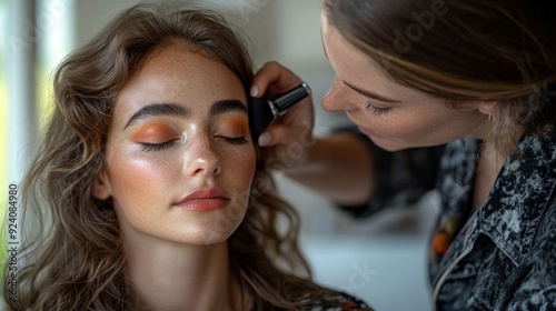 A makeup artist applies foundation on a 20-year-old woman with freckles in a bright indoor setting.