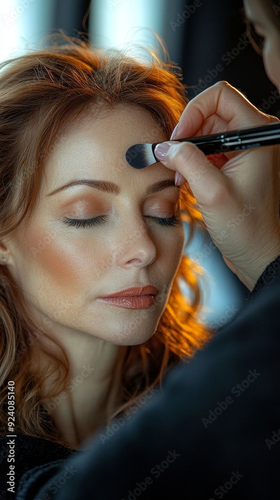 Fototapeta premium A 40-year-old woman receives a makeup application in a studio, showcasing a serene atmosphere and professional artistry.