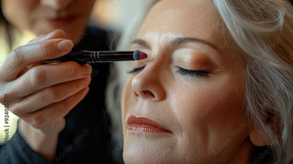 A 65-year-old woman enjoys a professional makeup application in a serene indoor setting, focusing on eye shadow. A 65-year-old woman enjoys a professional makeup application in a serene indoor setting, focusing on eye shadow.
