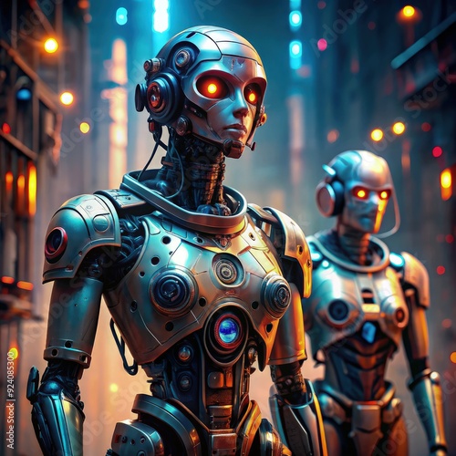 Cyberpunk robots with glowing eyes in a futuristic city alley. Generative AI