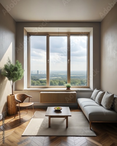 Cozy living room with a large window showcasing a scenic view. Generative AI