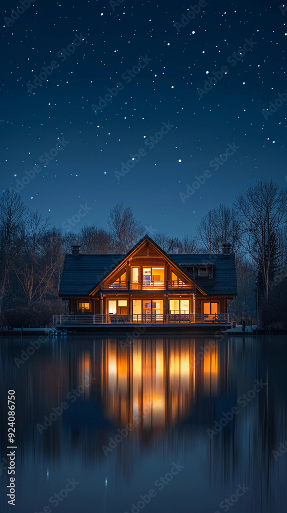 A house with a large window and a fireplace is lit up at night. The house is surrounded by a lake and the water is reflecting the lights from the house. The scene is peaceful and serene A house with a large window and a fireplace is lit up at night. The house is surrounded by a lake and the water is reflecting the lights from the house. The scene is peaceful and serene