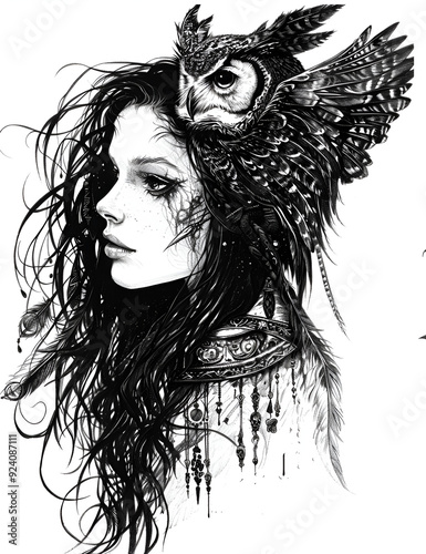 a beautiful druidess with a owl skull headpiece pencil drawing