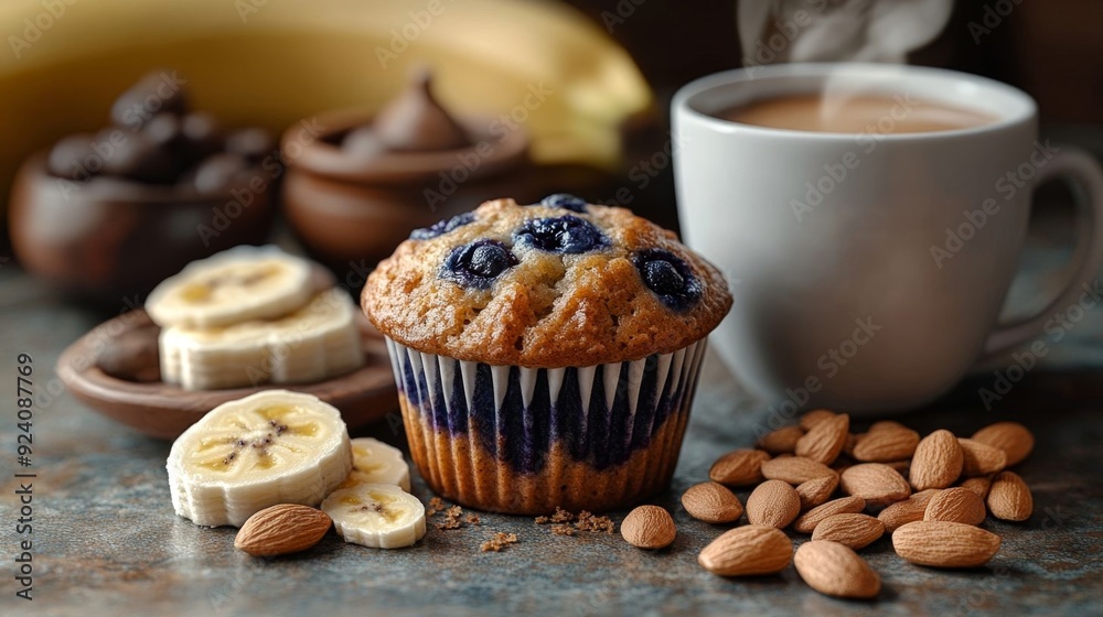 A delicious blueberry muffin sits on a breakfast table alongside sliced bananas, almonds, and a cup of coffee. A delicious blueberry muffin sits on a breakfast table alongside sliced bananas, almonds, and a cup of coffee.