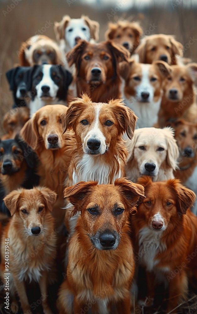 A group of dogs are standing in a line, with some of them being brown and white. The dogs are all looking at the camera, and the scene gives off a sense of camaraderie and unity among the group
