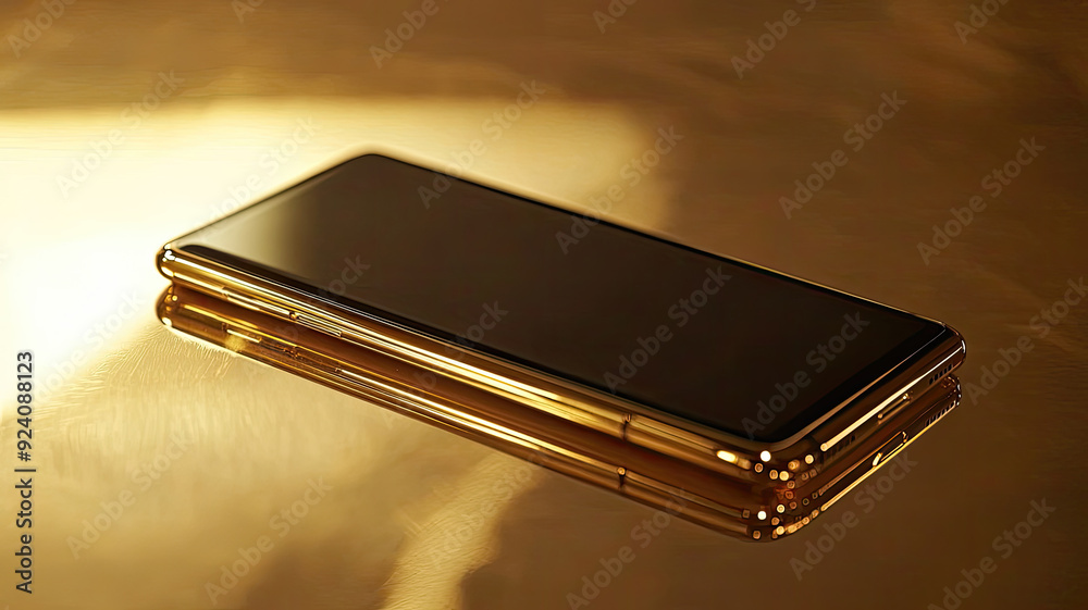 Golden smartphone resting on a reflective surface in soft natural light during the afternoon Golden smartphone resting on a reflective surface in soft natural light during the afternoon