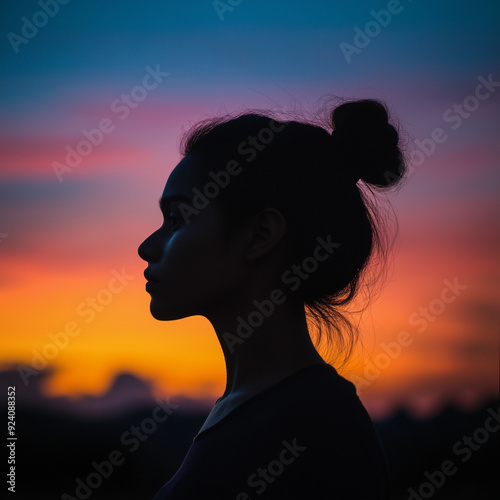 Silhouette, sunset, portrait, dramatic lighting, color gradient.