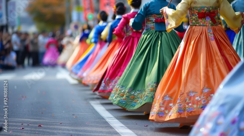 A vibrant Hanbok parade showcases stunning costumes, celebrating Korea's rich cultural heritage. photo