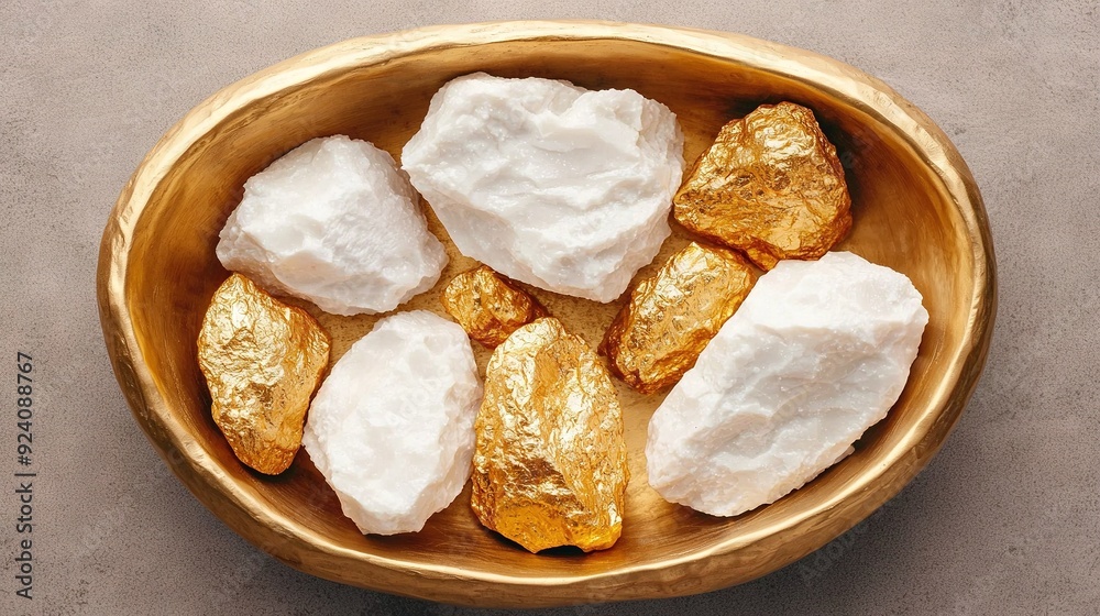 A golden bowl brimming with shimmering nuggets and delicate frosted toppings adorns a gray background A golden bowl brimming with shimmering nuggets and delicate frosted toppings adorns a gray background